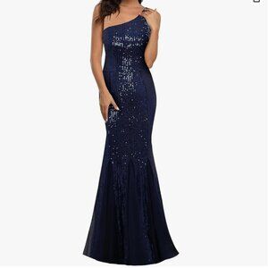 A ARFAR Party Sequin One Shoulder Long Formal Mermaid Evening Dress (Navy, L)